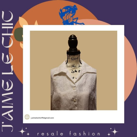 Jennifer Women White Linen-like Sewed Flower Design  Button-Up Shirt - Picture 2 of 4